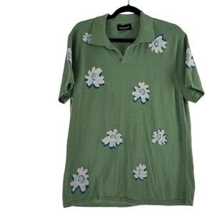 Bonobos Sweater Men’s L Green White Flowers Cable Knit Stretch V-Neck EUC